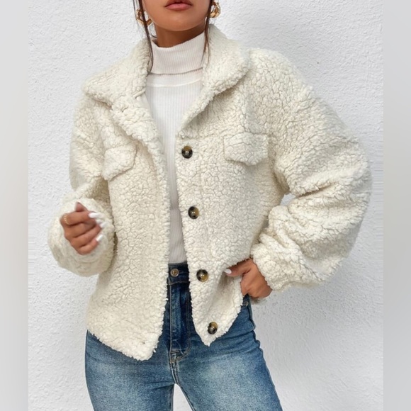 SHEIN EZwear Drop Shoulder Flap Detail Teddy Jacket - Picture 6 of 6